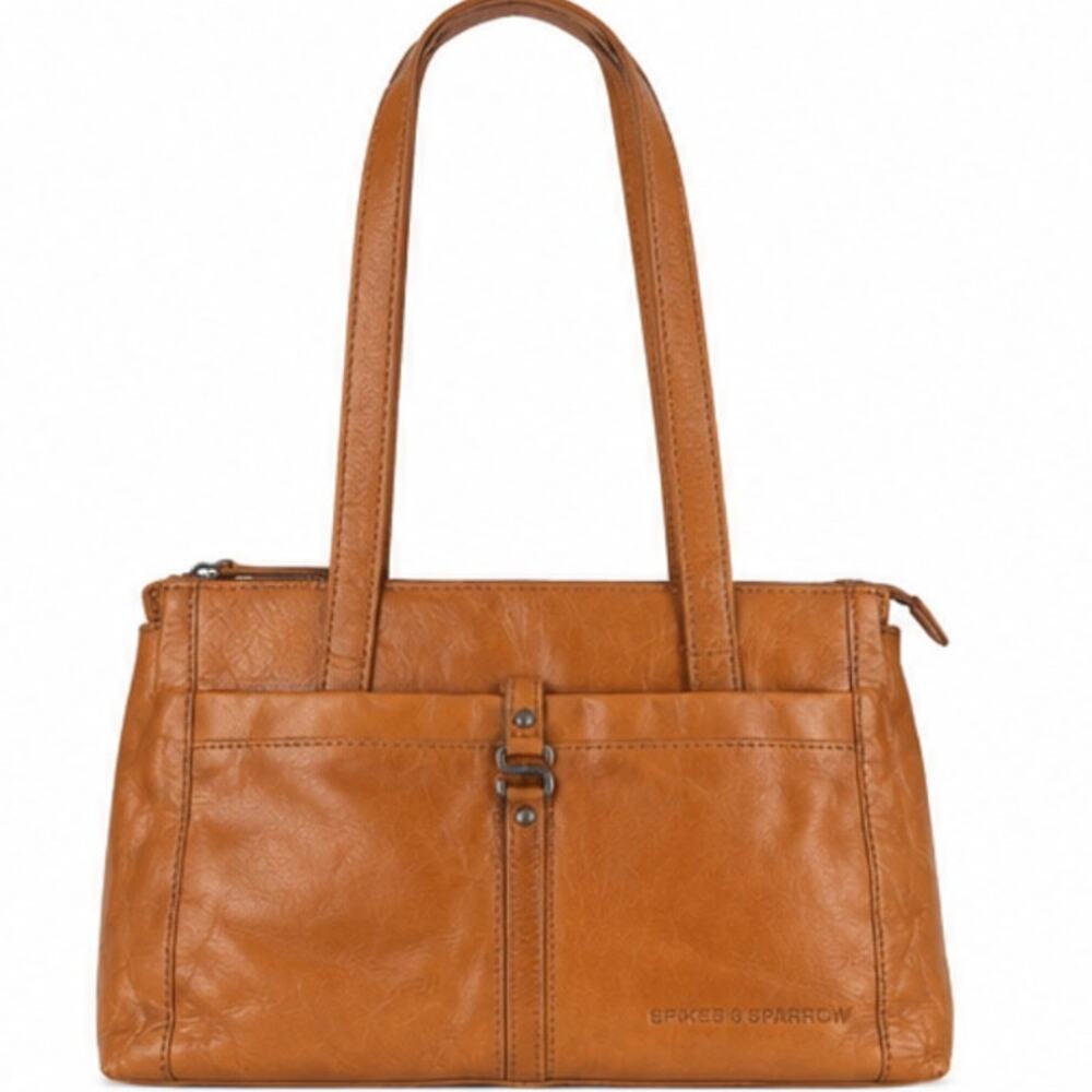Spikes & Sparrow Cognac Leather Shoulder Bag Zip Top Organizer Purse Minimalist
